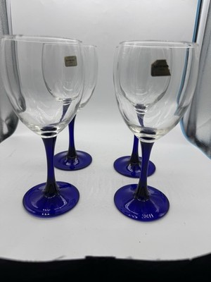 Vintage Luminarc France Cobalt Blue Stem Wine Goblets 8 Inch (Set of 4 Total)
