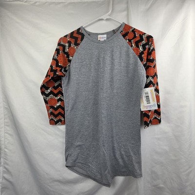LuLaRoe Randy XXS Gray Raglan Tee Orange Floral Geometric 3/4 Sleeve NWT