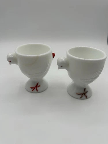 2 Two VINTAGE jumbo westmoreland MILK GLASS egg cup CHICK CHICKEN  eggcup