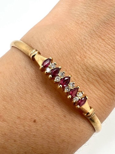 14K Yellow Gold Diamond 0.20ct Ruby Bangle Bracelet - Picture 2 of 8