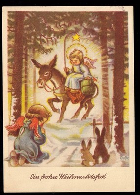 Postcard Christmas: praying angel with bunnies and angel on donkey, Krefeld 24.12.1948