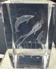 Vintage LG Russian Optical Crystal 3D Laser Etched Scuba Sculpture Box 5”X3.5”
