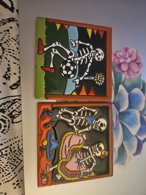 Set Of Two Hand-Painted Day of the Dead Dia de los Muertos And Soccer Star Tiles