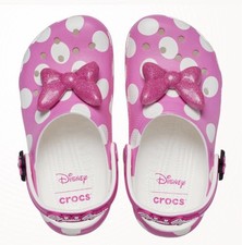 Crocs Minnie Mouse Bow Classic Clogs Pink W/White Polka Dots SZ J/3