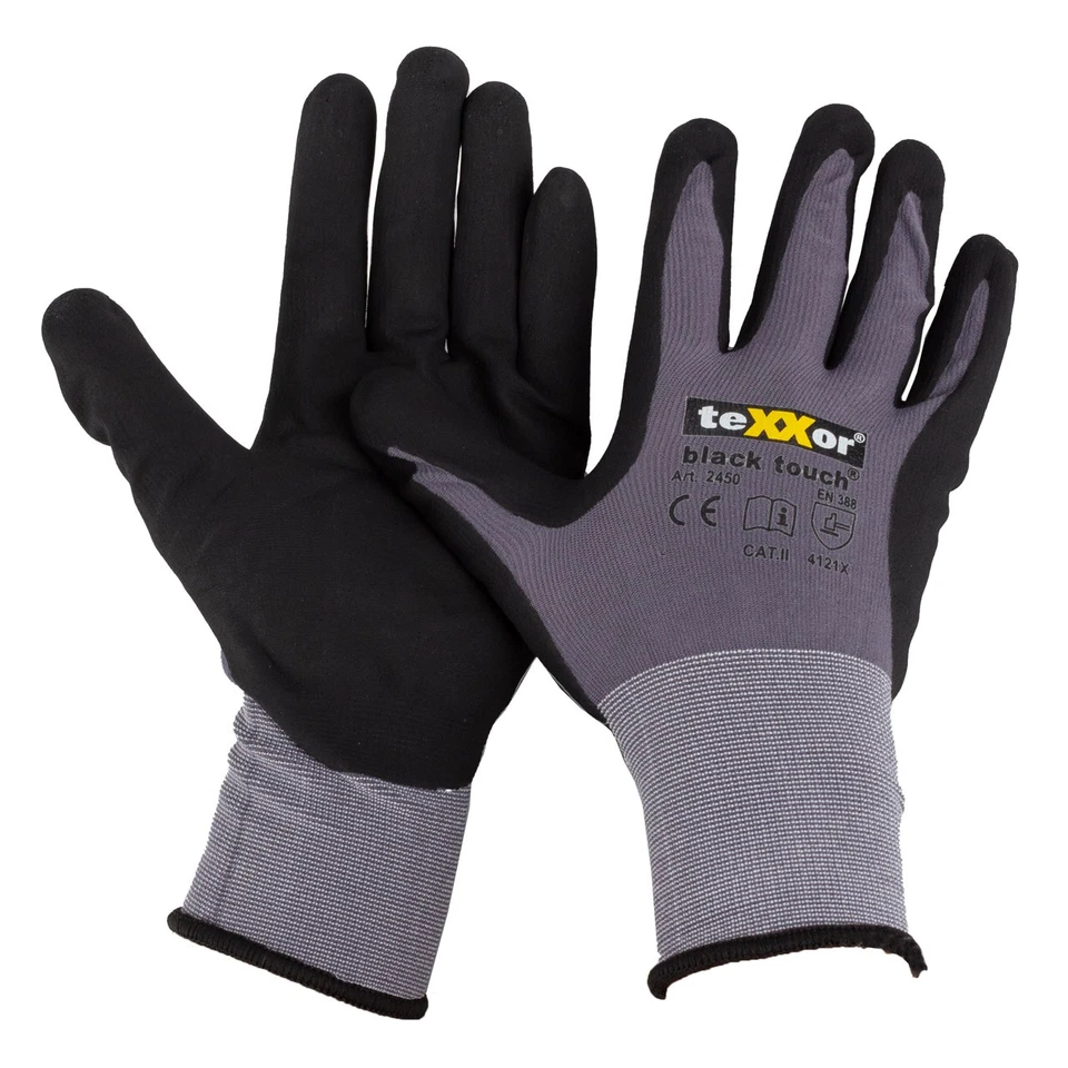 12 Paar TEXXOR BLACK TOUCH Handschuhe Arbeitshandschuhe Schwarz/Grau Größe 9 / L - Bild 1 von 1