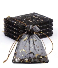 30pcs Moon & Star Print Drawstring Organza Bags, Black, Black Gift Pouch