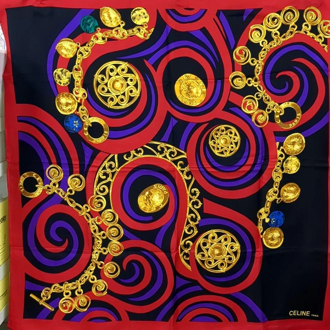 CELINE sciarpa grande 85 cm 33" quadrata seta catena oro nero rosso blu