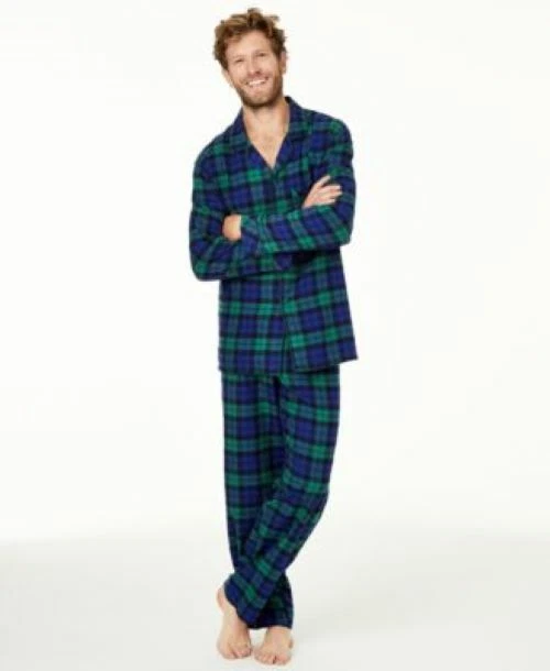 FAMILY PAJAMAS Men s Cotton Knit Pajama Set Green and Blue Plaid