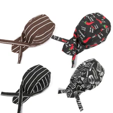 New 2Pc Men Women Chefs Hat Cap Kitchen Catering Cap Ribbon Cap Turban Headcover