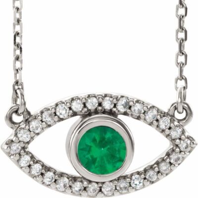 14K weißer im Labor gezüchteter Smaragd & natürlicher weißer Saphir Evil Eye 18'' Halskette
