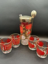 Vintage Retro Red Gold Barware Set Of 4 Printed Low balls Martini Shaker MCM
