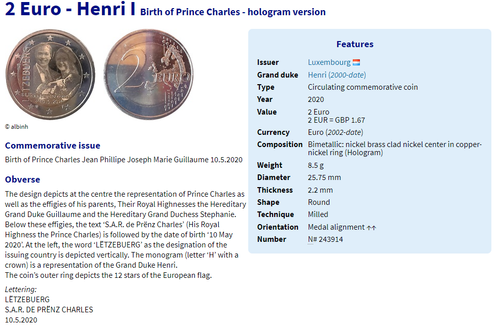 Luxembourg coin 2€ euro 2020 birth prince Charles choose 3D hologram or current - 第 4/6 張圖片