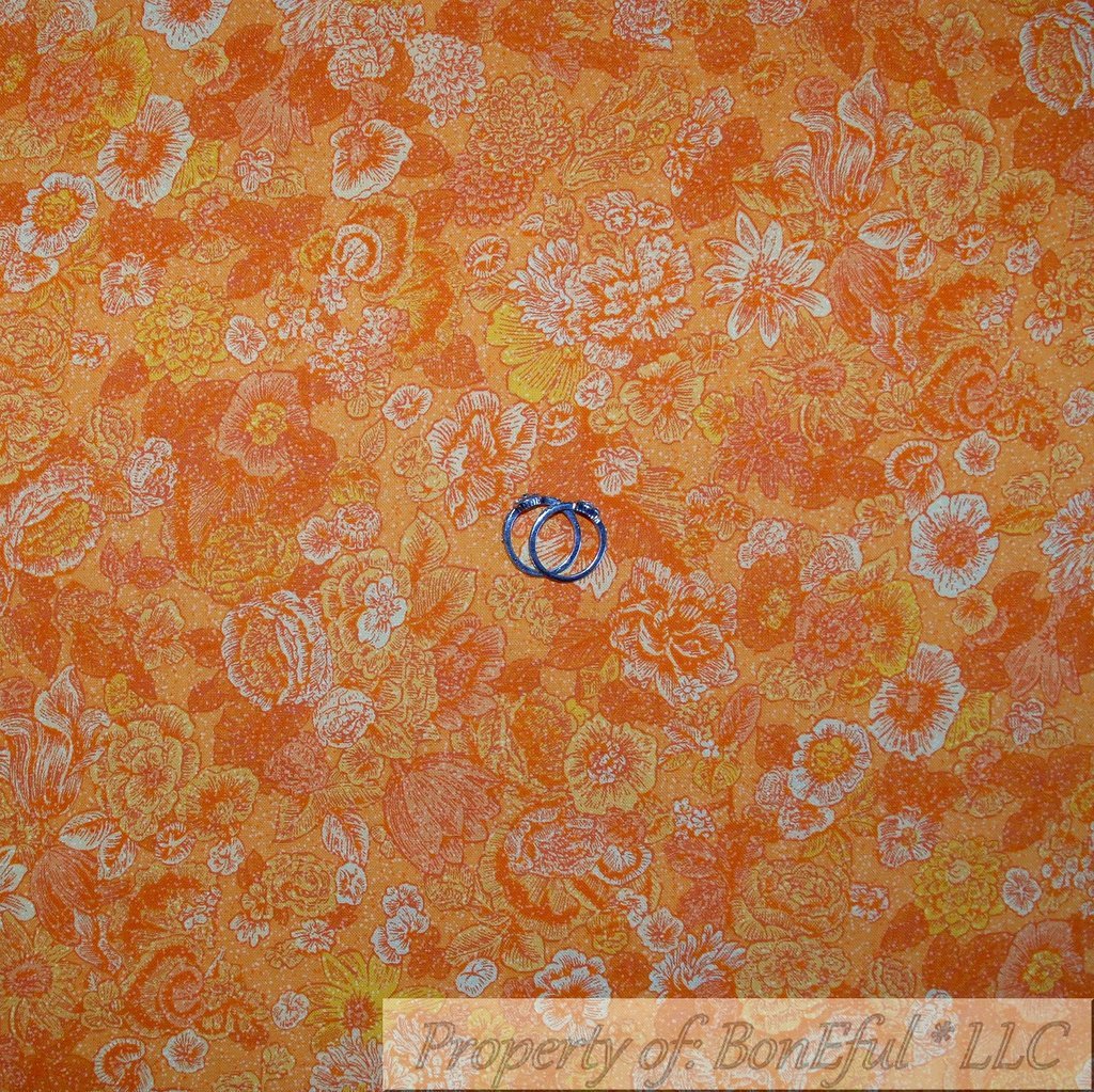 BonEful Fabric FQ Cotton Quilt Orange White Yellow Asian Flower Toile Zen Tonal