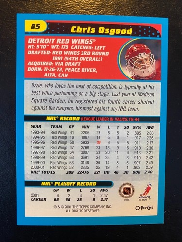Chris Osgood 2001-02 OPC Heritage Parallel #85 Detroit Red Wings - Picture 2 of 2