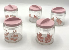 Five Vintage Evenflo Glass Nursery Jars with Lids Girl Baby Supplies 1950 Props