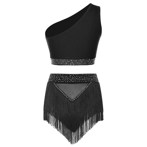 #S Women One Shoulder Rhinestone Dance Outfit Sleeveless Crop Top +Tassel Short - Picture 5 of 6