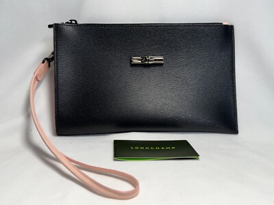 NEW Longchamp Roseau Black/Pink Wristlet Clutch