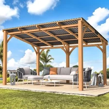 14' x 10' Outdoor Heavy Gazebo for Patio, Outdoor Wood Lean to Hardtop Pergolas