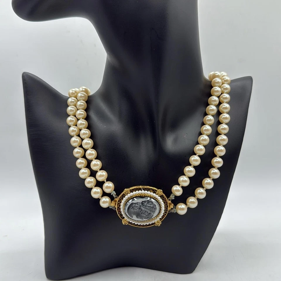 Винтажный Menorca гематит камео застежка брошь белый жемчуг ожерелье ювелирные изделия викторианской