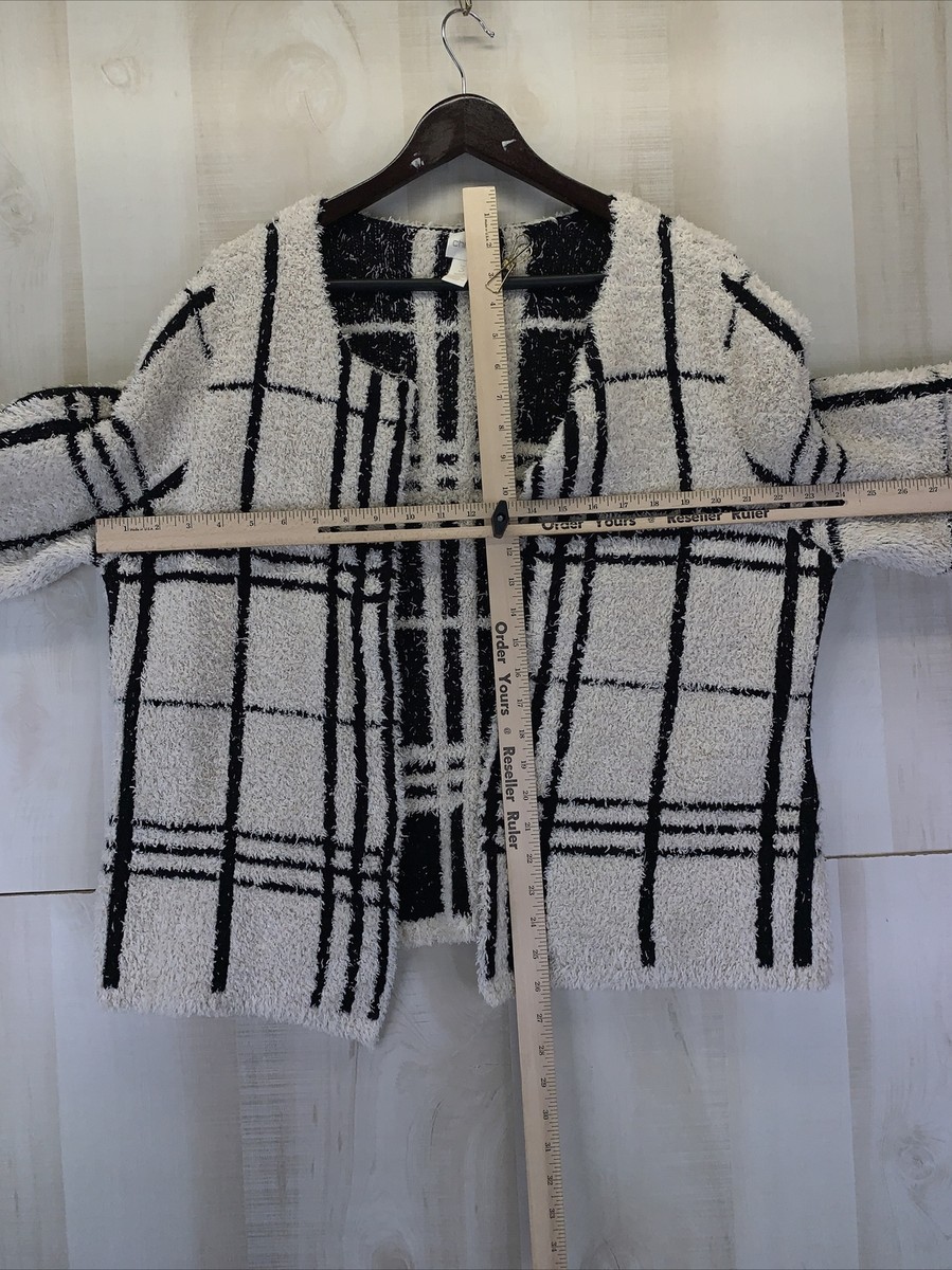 Chicos 3 Ivory Black Fuzzy Plaid 3/4 Sleeve Open Front Chicos 3 Ivory Black Fuzzy Plaid 3/4 Sleeve Open Front