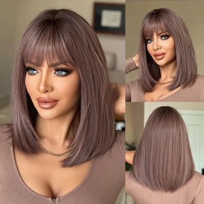 Pink Purple Straight Wig with Bangs Heat-Resistant Layered Synthetic Hair 17''