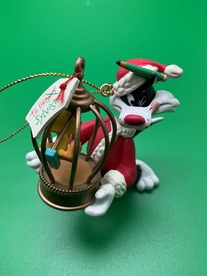 Vintage 1995 Warner Bros. Sylvester Holding Tweety Bird Cage Christmas Ornament