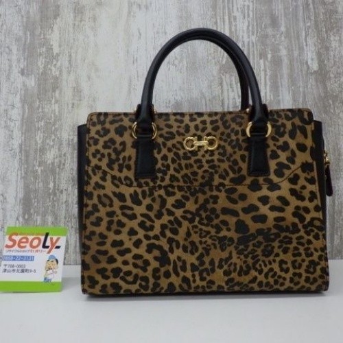 Salvatore Ferragamo Gancini Leopard Print Leather Handbag Black GC Authentic