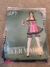 Ladies Oktoberfest Costume Beer Maid Wench German Heidi Dirdnl Pink Fancy Dress
