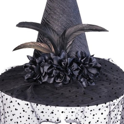 Black Witch Hat with Lace Veil, Polka Dot Pattern, Feathers 