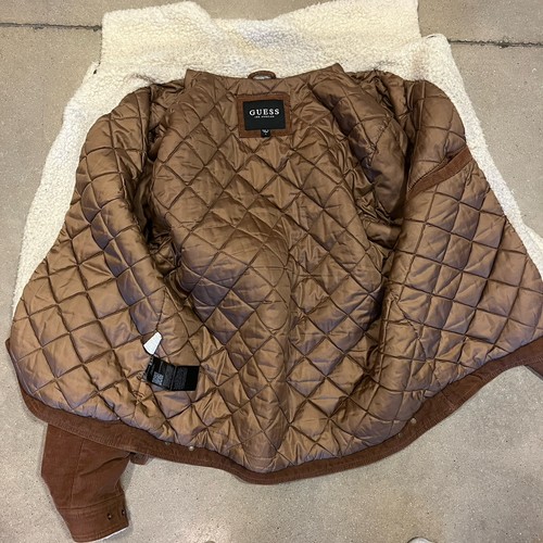 GUESS Brown Corduroy Bomber Jacket Quilt Lined Sherpa Collar Snap Up Men's Sz L - Picture 8 of 9