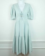Lauren Ralph Lauren Chambray Puff Sleeve Midi Dress Lace Up Front Cottagecore 8