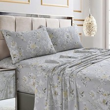 King Bed Sheet Set, Soft Cotton Sateen Printed Sheets Floral Print, Extra Deep P