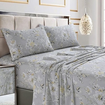 King Bed Sheet Set, Soft Cotton Sateen Printed Sheets Floral Print, Extra Deep P