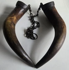 ANTIQUE PRIMITIVE 19TH. CENTURY CONESTOGN WAGON GREASE HORNS ON CHAIN / OLD BARN