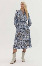 M&S Womens Blue Leopard Print Midi Dress Long Sleeves V-Neck RRP £45