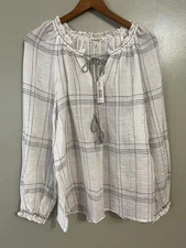 Max Studio Lightweight Cotton Women's White Plaid Top Puff Sleeves L NWT