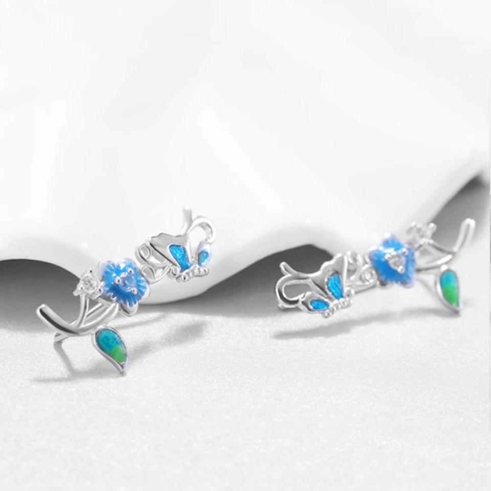 Argento Sterling Zirconi Fiore Blu Smalto Farfalla Polsino Scalatore Padiglione - Immagine 3 di 4