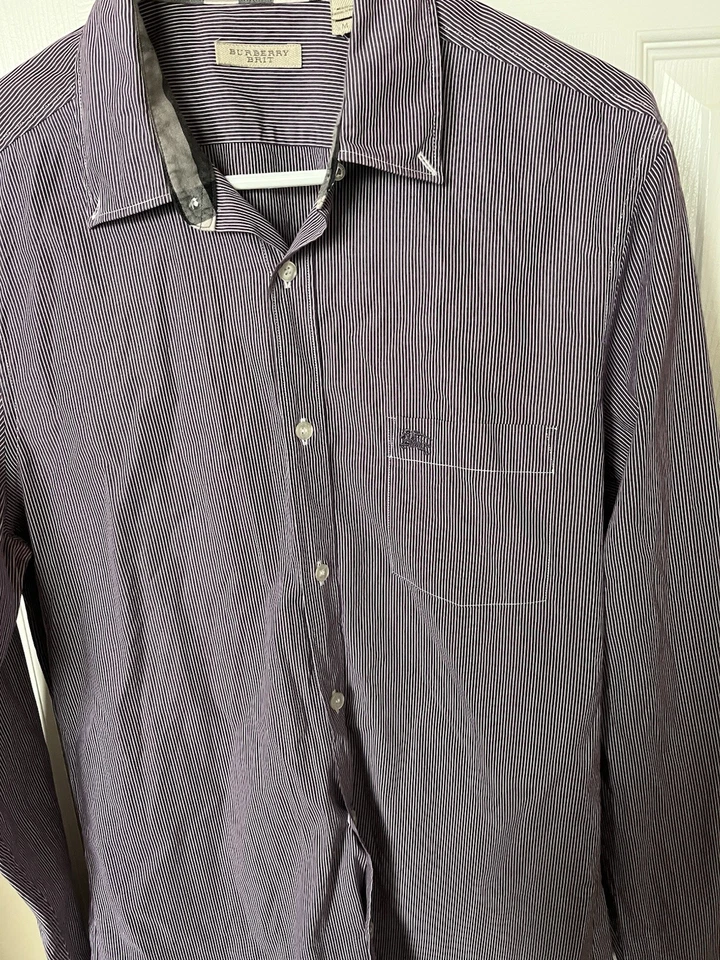 Burberry Brit Men’s Striped Long Sleeve Dress Shirt Sz M Plaid Purple/ White - Image 3 of 4