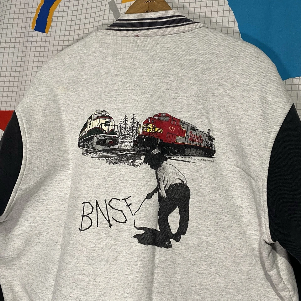 Vintage 90s Bnsf Railroad Bomber Jacket Large Banksy Art Trains Sweatshirt Heavy - Image 4 of 4