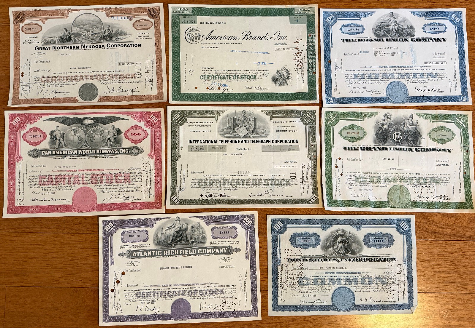 500 Stock Certificates Your Choice:  ITT, ARCO, Nekoosa, Bond Stores, Others