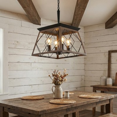 16'' Pendant 4 Light Rustic Farmhouse Chandelier LED Walnut Living Room Fixture