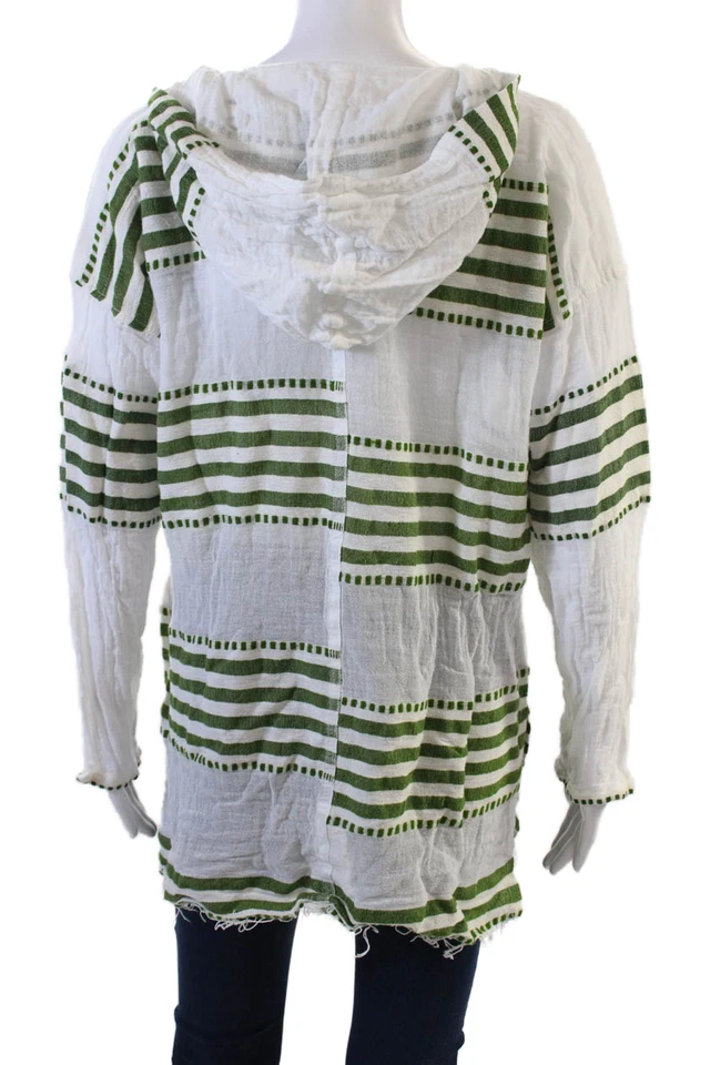 Camisa con Capucha Lem Lem Para Mujer Manga Larga Cuello en V Rayas Blanca Verde Talla Mediana Foto 3 de 4
