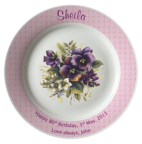 Personalised 80th Birthday Plate - Pansies Design with a Rosa Rim Personalised 80th Birthday Plate - Pansies Design with a Rosa Rim