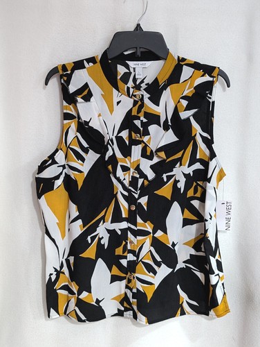 Nine West Women's Black Multi Ruffle Collared Sleeveless Button Down Tank - L/XL - Picture 4 of 6