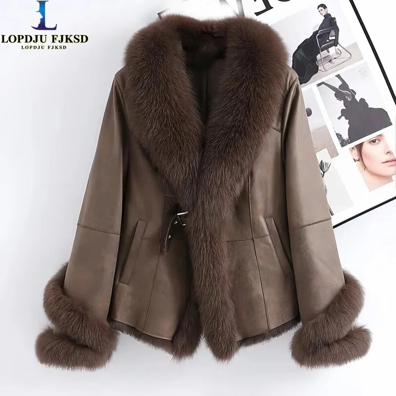 Genuine Leather Fur Coat for Women's,Collar Overcoat,Female Clothes