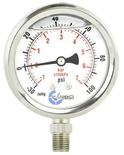 1-1/2" Vacuum Gauge Stainless Steel Case Liquid Filled Lower Mnt -30 Hg/+100 psi