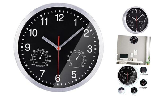 10-inch Atomic Wall Clock with Hygrometer and Thermometer - Radio Wave Black
