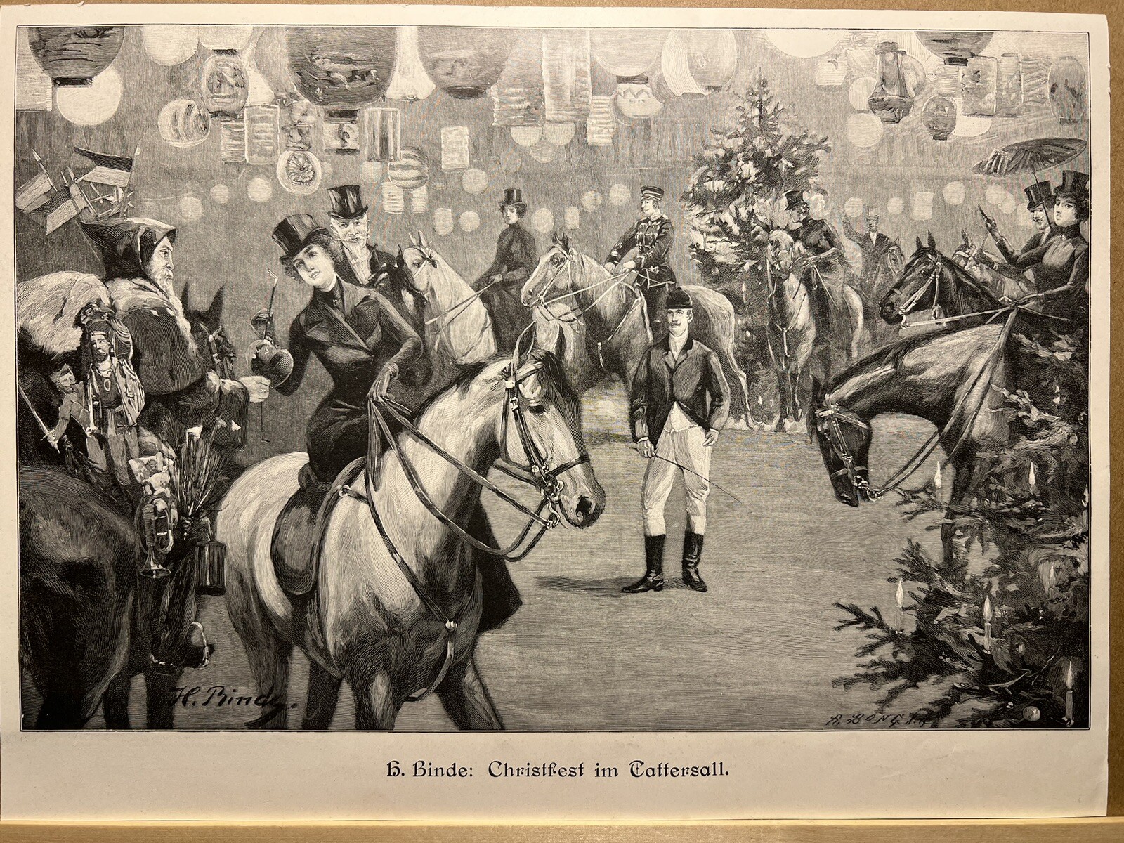 Antik Illustration 1893 Christfest im Sattersall Reiter Kunstdruck Holzschnitt