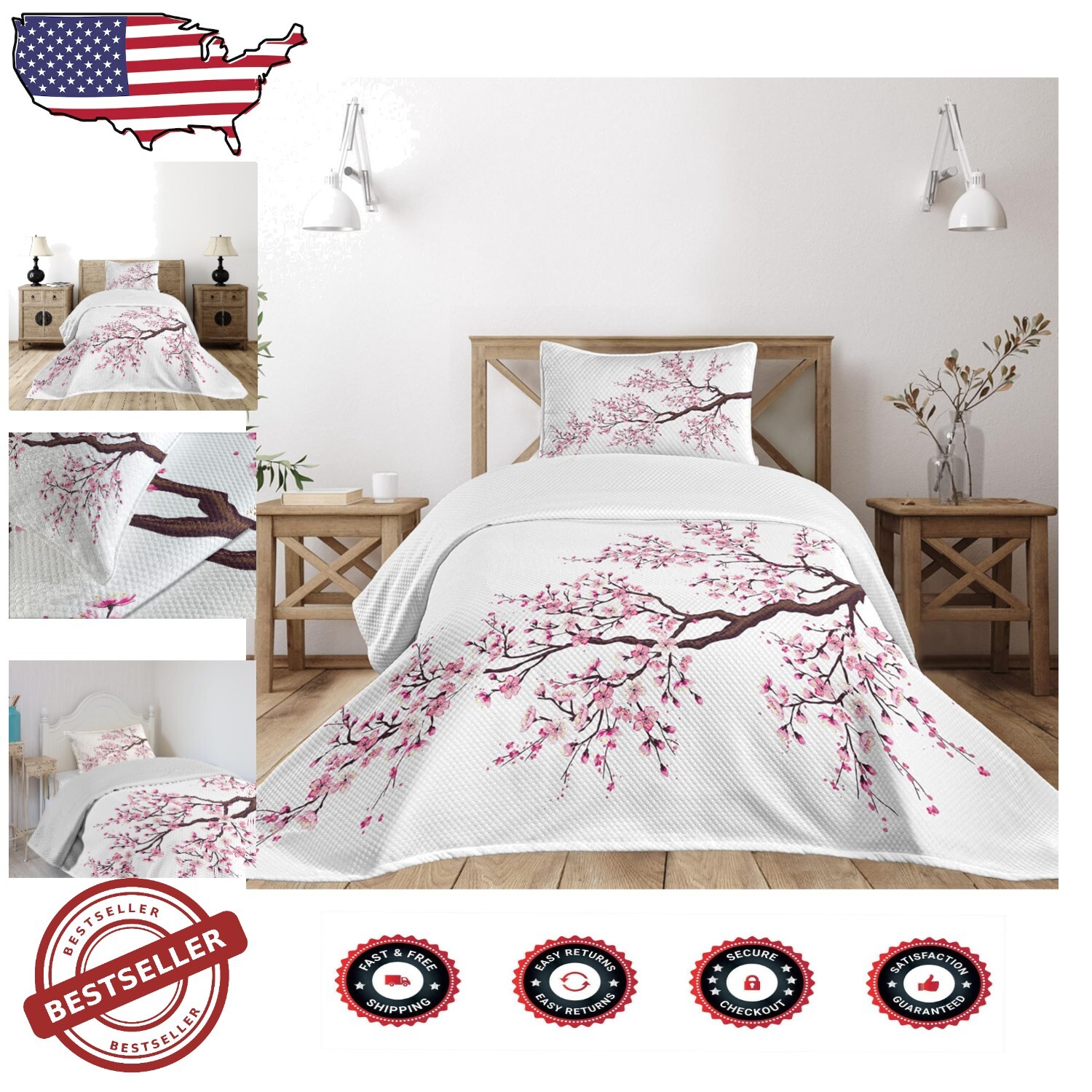 Artistic Sakura Flower Twin Bedspread with Heavyweight Sham – Modern Home Decor