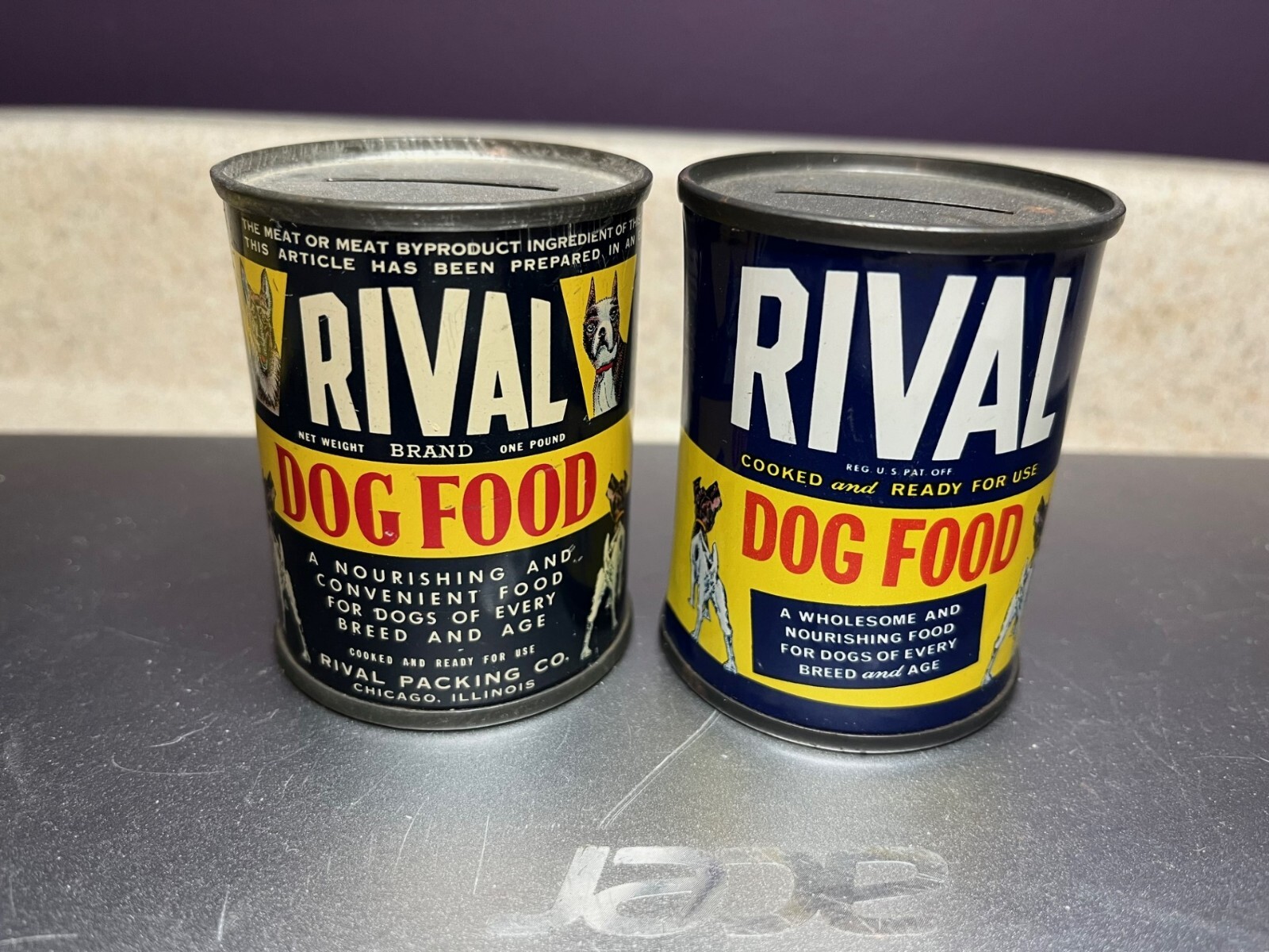 (2) 1964 Rival Dog Food Metal Coin Piggy Bank 2 3/4" Tin Can LOT OF 2